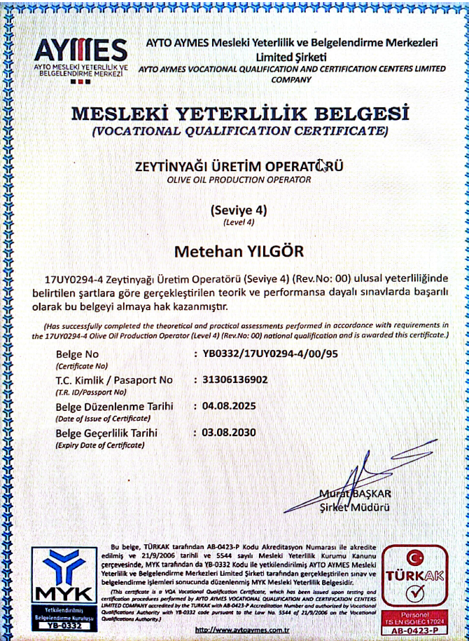 Mesleki Yeterlilik Sertifikası